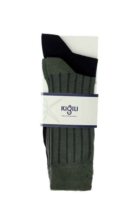 Orta Haki 2'li Pamuklu Çizgili Çorap Seti