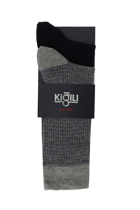 Siyah Lacivert 2'li Desenli Pamuklu Çorap Seti