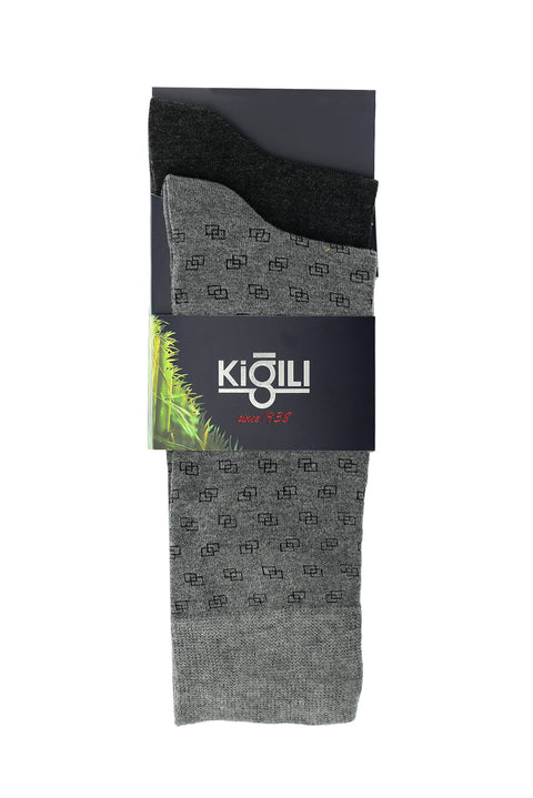 Orta Anrasit Melanj 2'li Desenli Bambu Çorap Seti