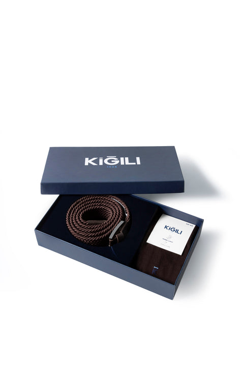Koyu Kahve Likralı Esnek Spor Örgü Kemer & 2 'li Bambu Çorap Hediye Kutulu Set