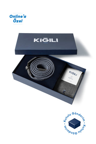  Orta Gri Likralı Esnek Spor Örgü Kemer & 2'li Bambu Çorap Hediye Kutulu Set