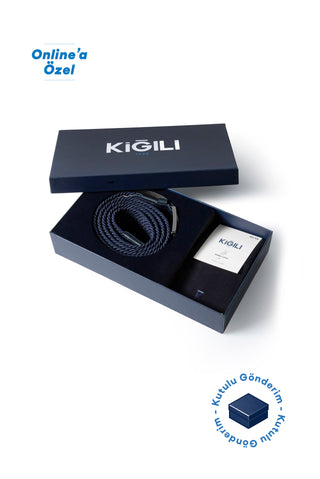  Koyu Lacivert Likralı Esnek Spor Örgü Kemer & 2'li Bambu Çorap Hediye Kutulu Set