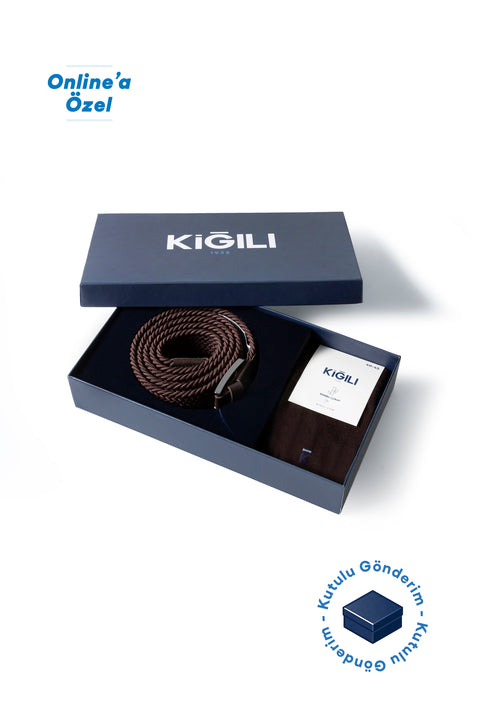 Koyu Kahve Likralı Esnek Spor Örgü Kemer & 2'li Bambu Çorap Hediye Kutulu Set