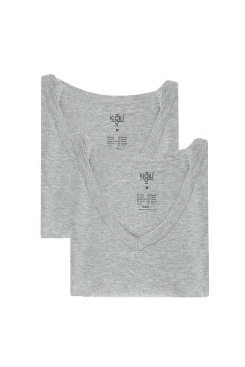 Orta Füme 2'li V Yaka Pamuklu Atlet Seti