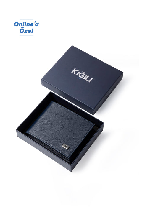 Orta Lacivert Desenli Kartlık Para Bölmeli Hediye Kutulu Cüzdan