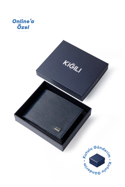 Orta Lacivert Desenli Kartlık Para Bölmeli Hediye Kutulu Cüzdan