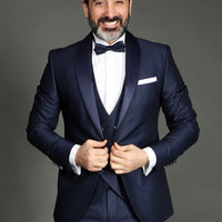 Açık Lacivert 7 Drop Slim Fit Dar Kesim Şal Yaka Yelekli Smokin & Damatlık