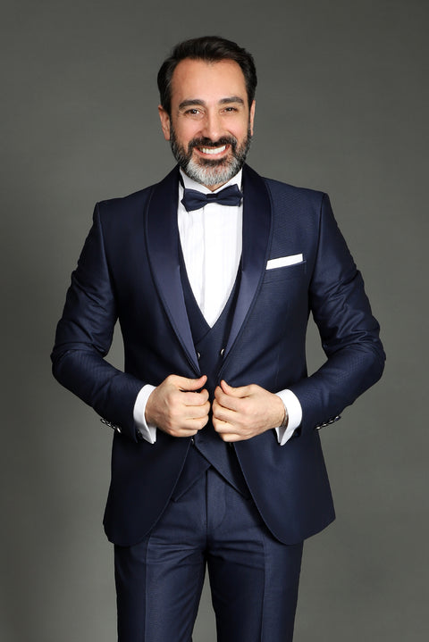 Açık Lacivert 7 Drop Slim Fit Dar Kesim Şal Yaka Yelekli Smokin & Damatlık