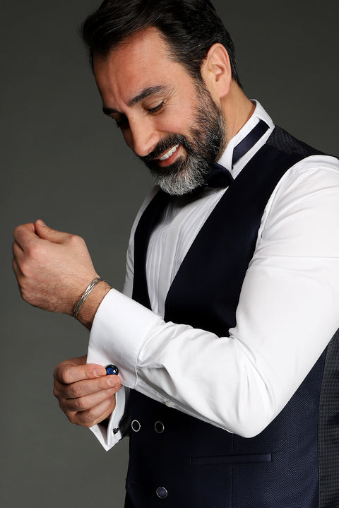 Açık Lacivert 7 Drop Slim Fit Dar Kesim Şal Yaka Yelekli Smokin & Damatlık