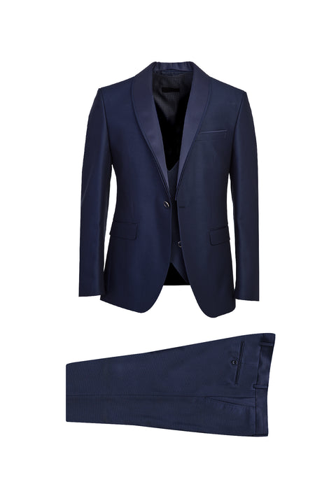 Açık Lacivert 7 Drop Slim Fit Dar Kesim Şal Yaka Yelekli Smokin & Damatlık