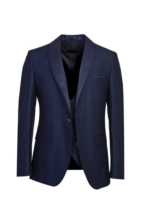 Açık Lacivert 7 Drop Slim Fit Dar Kesim Şal Yaka Yelekli Smokin & Damatlık