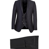 Siyah Lacivert Slim Fit Dar Kesim Mono Yaka Yelekli Smokin / Damatlık