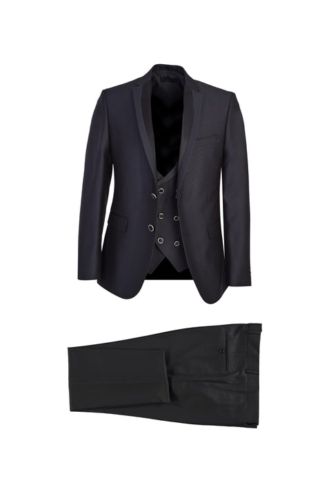 Siyah Lacivert 7 Drop Slim Fit Dar Kesim Mono Yaka Yelekli Smokin & Damatlık