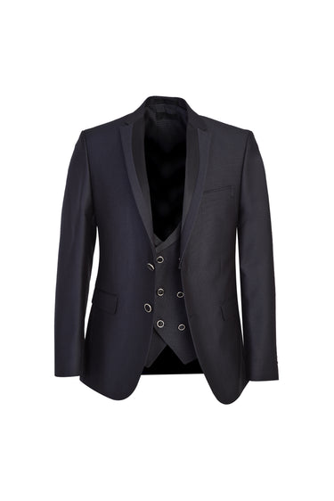 Siyah Lacivert Slim Fit Dar Kesim Mono Yaka Yelekli Smokin / Damatlık
