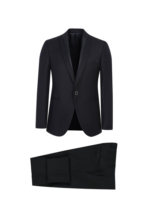 Siyah 7 Drop Slim Fit Dar Kesim Şal Yaka Smokin & Damatlık