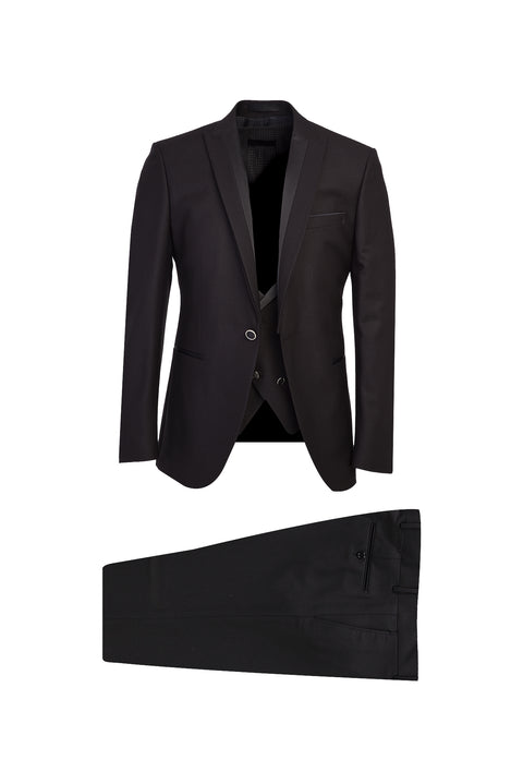 Siyah 7 Drop Slim Fit Dar Kesim Sivri Yaka Yelekli Smokin & Damatlık