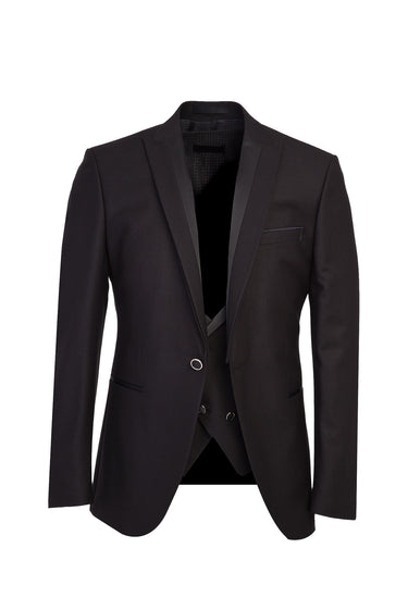 Siyah Slim Fit Dar Kesim Sivri Yaka Yelekli Smokin & Damatlık