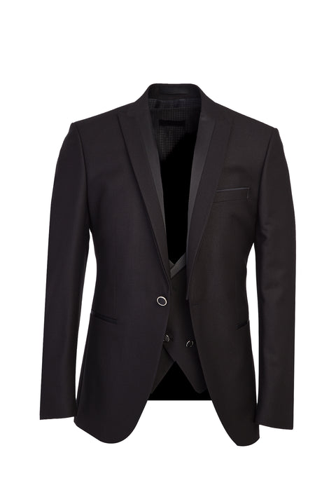 Siyah 7 Drop Slim Fit Dar Kesim Sivri Yaka Yelekli Smokin & Damatlık