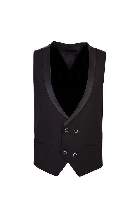 Siyah 7 Drop Slim Fit Dar Kesim Sivri Yaka Yelekli Smokin & Damatlık