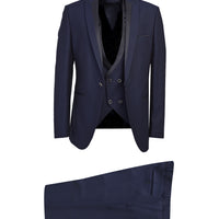 Koyu Lacivert Slim Fit Dar Kesim Sivri Yaka Yelekli Smokin & Damatlık
