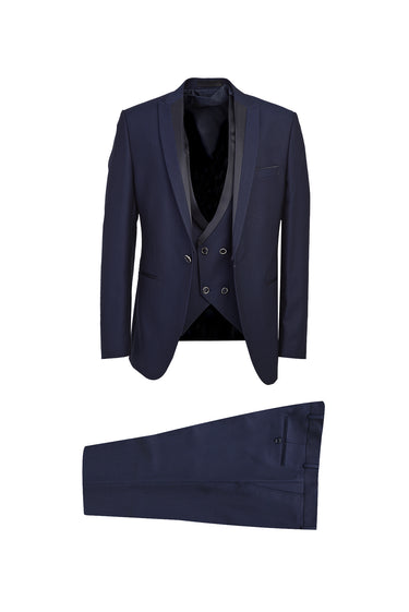 Koyu Lacivert Slim Fit Dar Kesim Sivri Yaka Yelekli Smokin & Damatlık