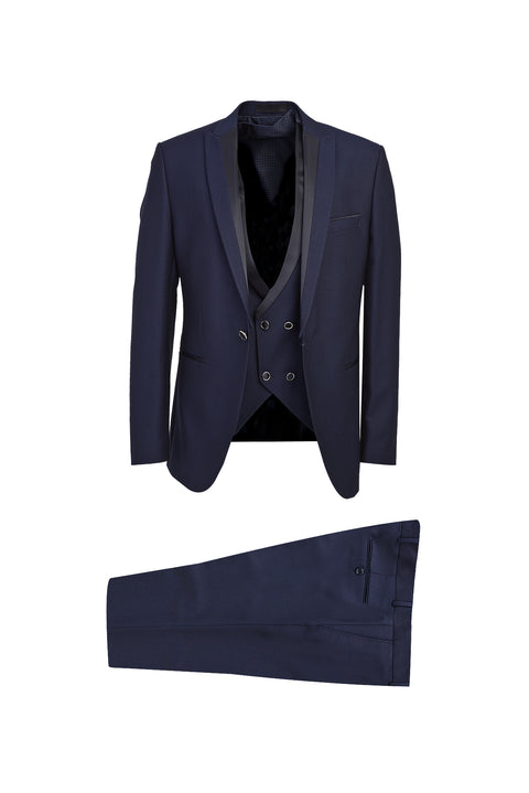 Koyu Lacivert 7 Drop Slim Fit Dar Kesim Sivri Yaka Yelekli Smokin & Damatlık