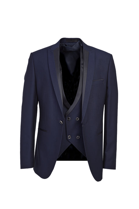 Koyu Lacivert 7 Drop Slim Fit Dar Kesim Sivri Yaka Yelekli Smokin & Damatlık