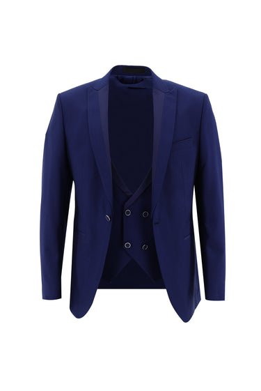 Koyu Mavi  Slim Fit Dar Kesim Sivri Yaka Yelekli Smokin & Damatlık