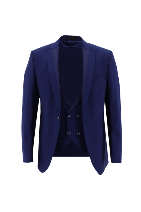 Koyu Mavi  7 Drop Slim Fit Dar Kesim Sivri Yaka Yelekli Smokin & Damatlık