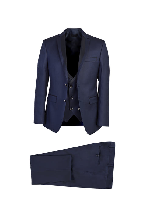 Koyu Mavi  Mono Yaka 7 Drop Slim Fit Dar Kesim Desenli Smokin & Damatlık