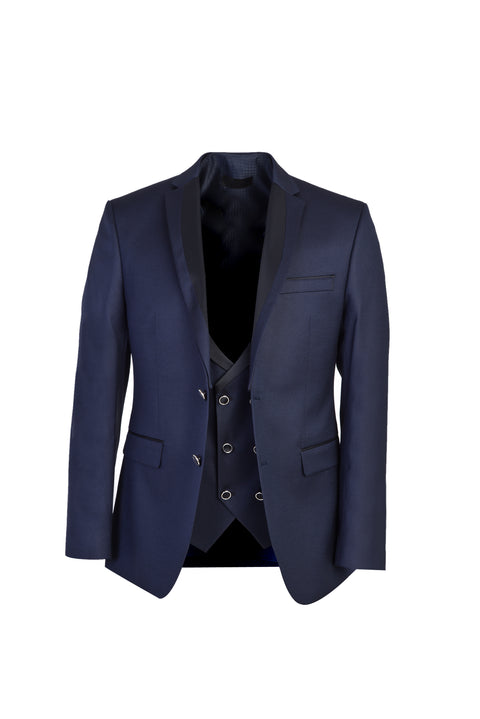 Koyu Mavi  Mono Yaka 7 Drop Slim Fit Dar Kesim Desenli Smokin & Damatlık