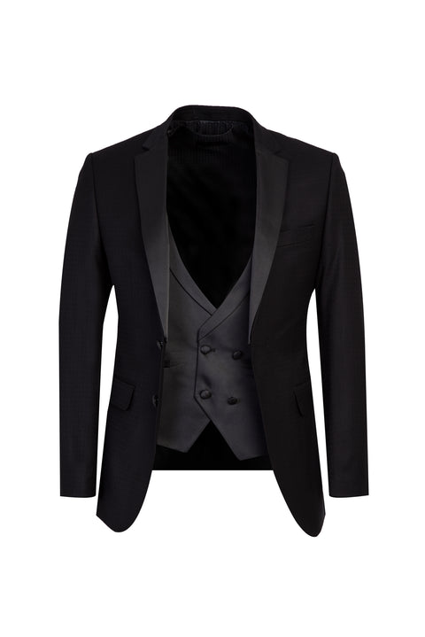 Siyah Mono Yaka 7 Drop Slim Fit Dar Kesim Desenli Smokin & Damatlık