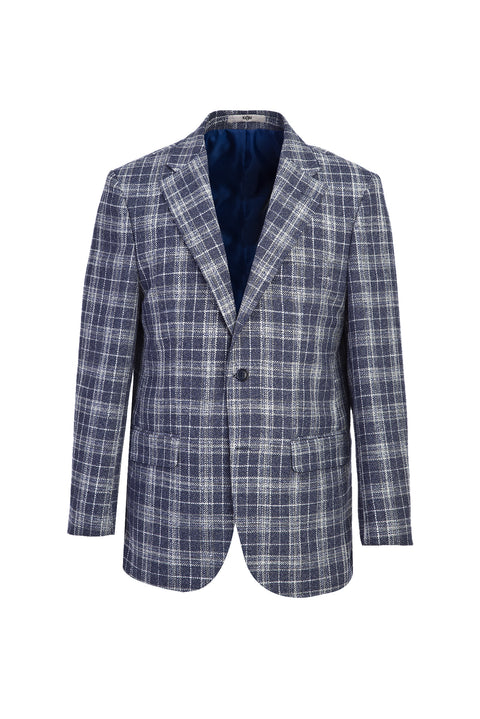 Koyu Lacivert 4 Drop Relaxed Fit Rahat Kesim Ekose Keten Karışımlı Ceket