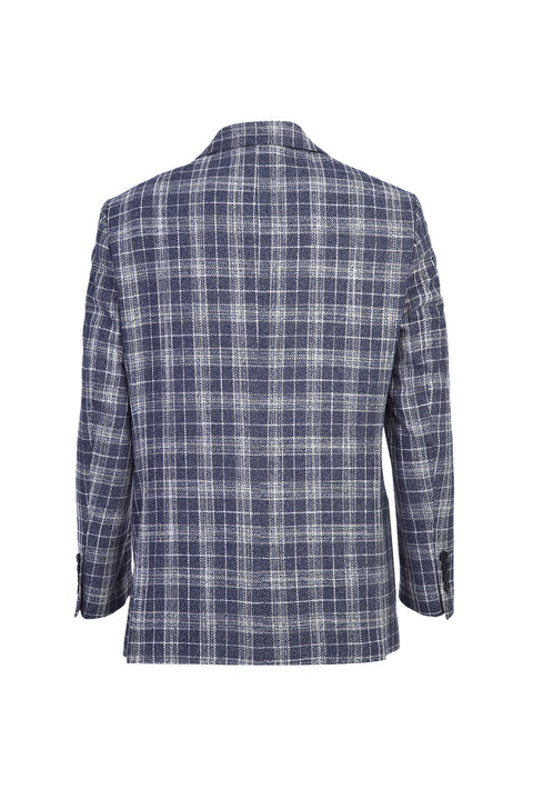 Koyu Lacivert 4 Drop Relaxed Fit Rahat Kesim Ekose Keten Karışımlı Ceket