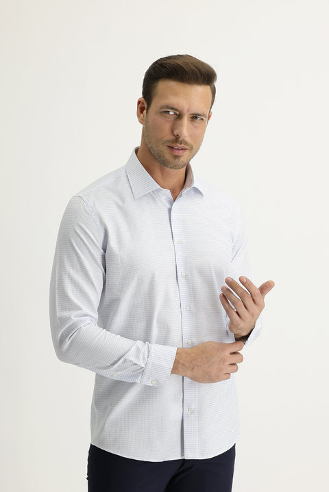 Uçuk Mavi Uzun Kol Slim Fit Dar Kesim Desenli Gömlek