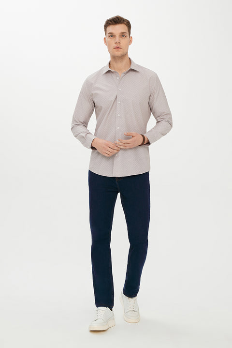 Orta Kahve Uzun Kol Slim Fit Dar Kesim Desenli Gömlek