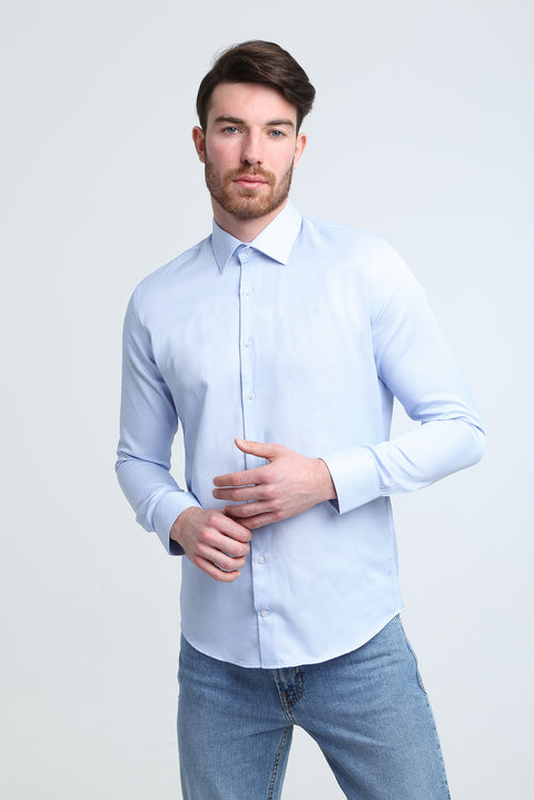 Açık Mavi Uzun Kol Slim Fit Dar Kesim Desenli Gömlek