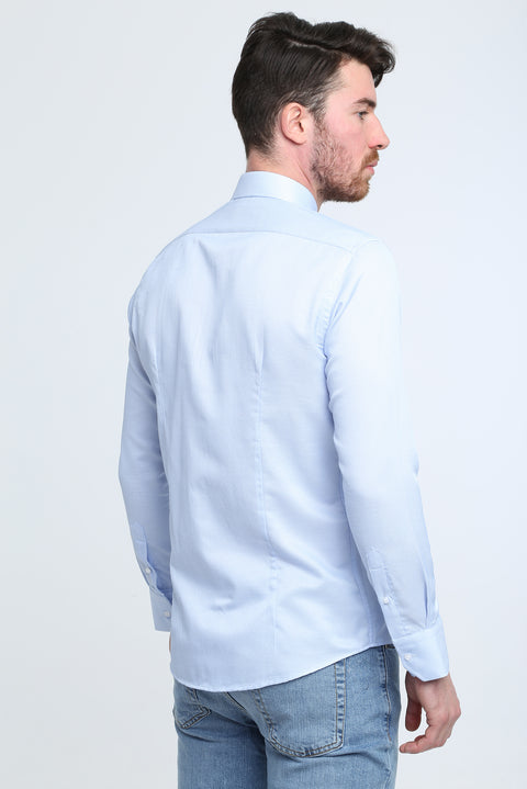 Açık Mavi Uzun Kol Slim Fit Dar Kesim Desenli Gömlek