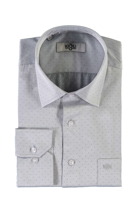 Açık Gri Uzun Kol Desenli Klasik Gömlek