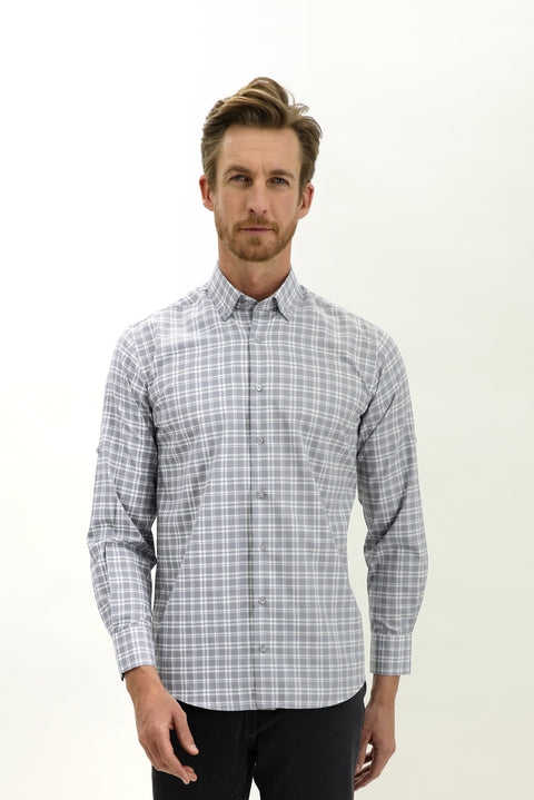 Orta Gri Uzun Kol Regular Fit Ekose Spor Gömlek