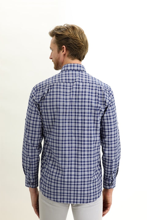 Orta Lacivert Uzun Kol Regular Fit Ekose Spor Gömlek