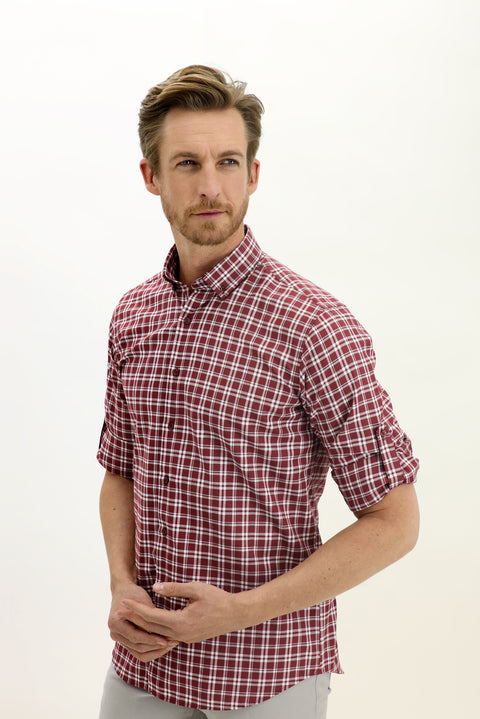 Koyu Bordo Uzun Kol Regular Fit Ekose Spor Gömlek