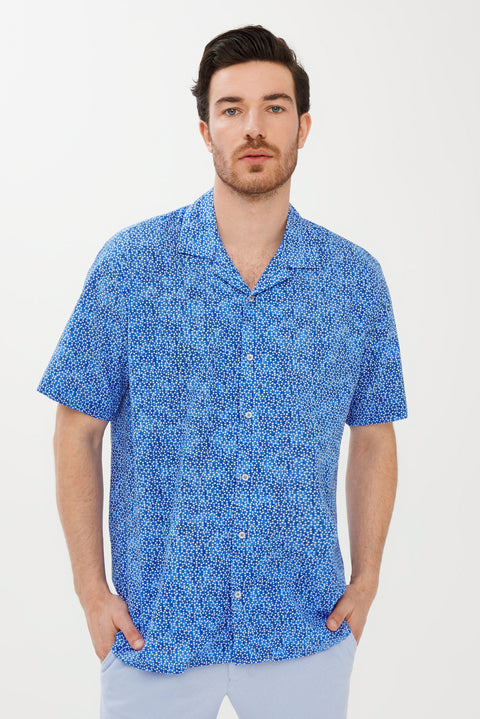Mavi Kısa Kol Regular Fit Baskılı Spor Pamuk Gömlek