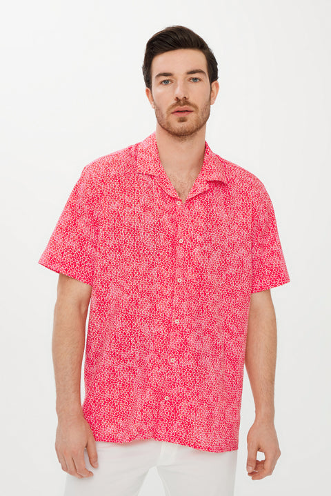 Mercan Kırmızı Kısa Kol Regular Fit Baskılı Spor Pamuk Gömlek