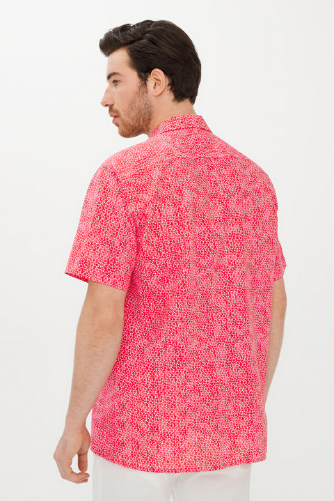 Mercan Kırmızı Kısa Kol Regular Fit Baskılı Spor Pamuk Gömlek