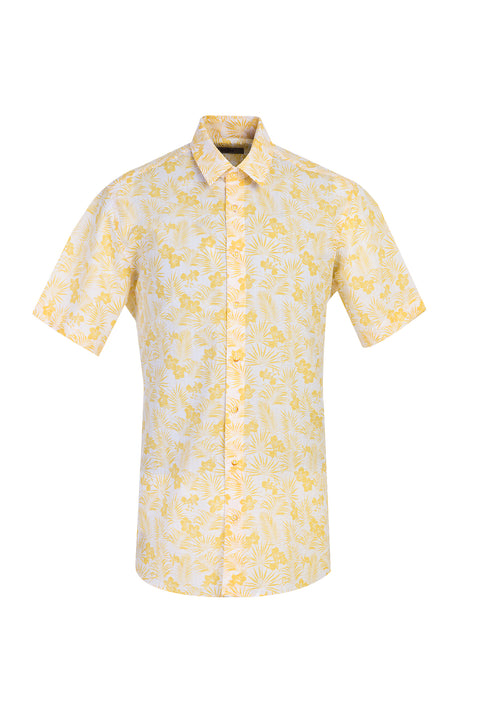 Açık Sarı Kısa Kol Regular Fit Desenli Spor Pamuk Gömlek