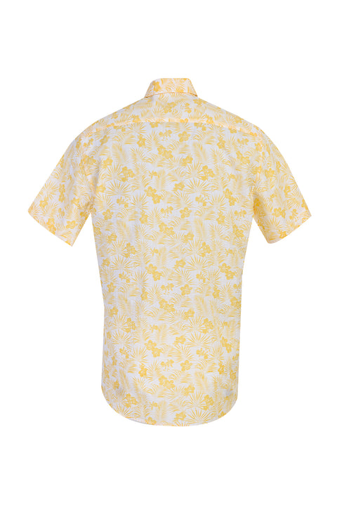 Açık Sarı Kısa Kol Regular Fit Desenli Spor Pamuk Gömlek