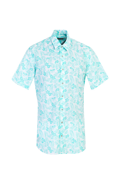 Çağla Yeşili Kısa Kol Regular Fit Desenli Spor Pamuk Gömlek