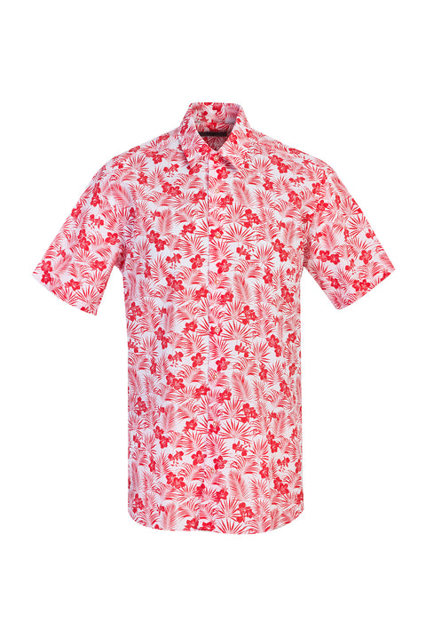 Mercan Kırmızı Kısa Kol Regular Fit Desenli Spor Gömlek