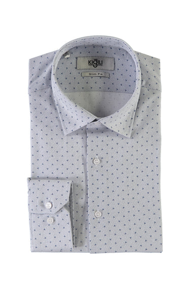 Orta Lacivert Uzun Kol Slim Fit Dar Kesim Baskılı Pamuk Gömlek